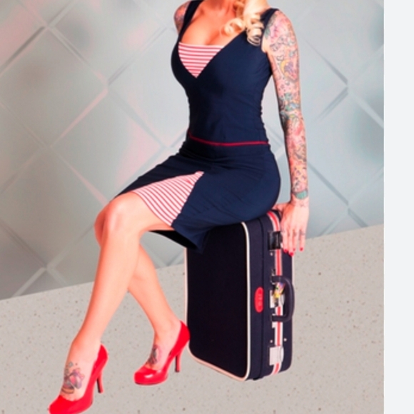 Bettie Page Dresses & Skirts - Navy and Red Striped V-Neck Pencil Dress